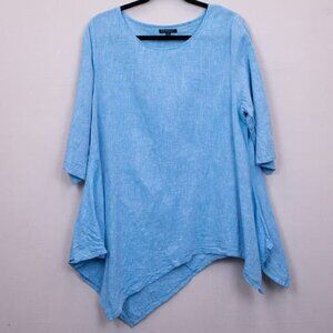 For Cynthia light blue linen blend asymmetrical hem lagenlook tunic top-L
